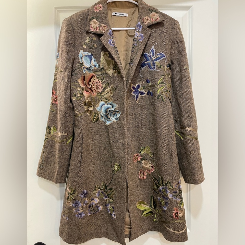 NYGARD COLLECTION Brown Wool Tweed Embroidered Knee Length Jacket Coat Size L